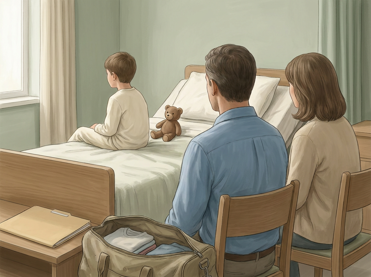 Illustration de dos d’un enfant dans un lit d’hôpital, entouré de ses parents, avec un sac de séjour à proximité. — Illustration générée par IA