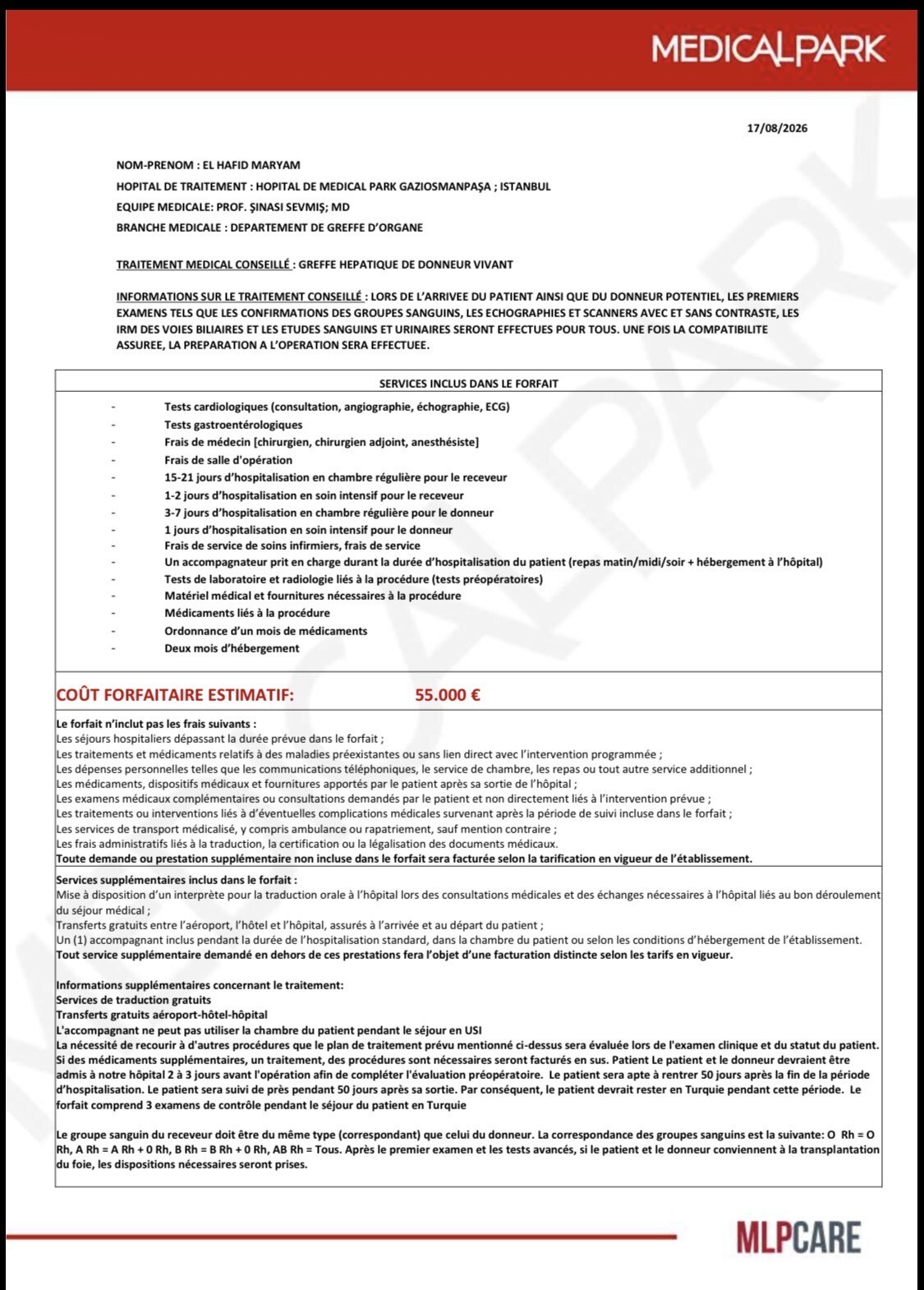 Devis de la greffe hépatique — touchez le document pour l’agrandir